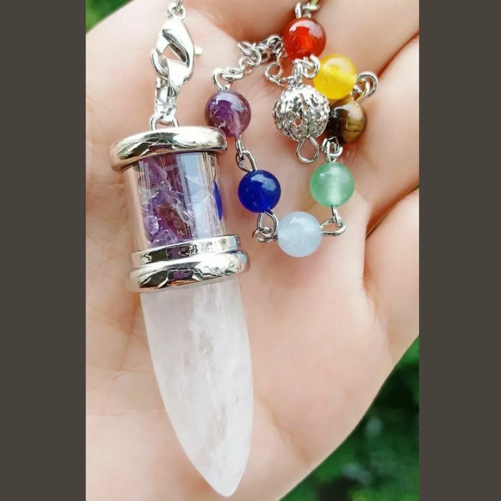 Rock quartz Pendulum wand with amethyst crystal chips 7 chakra silver chain